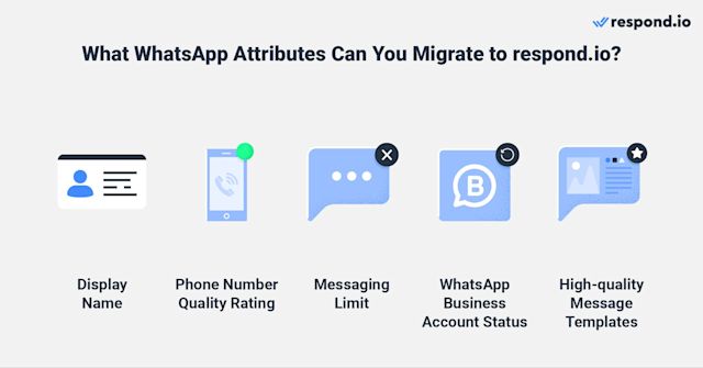 This image shows the WhatsApp attributes you can migrate to respond.io with WhatsApp migration: Display name, phone number quality rating, messaging limit, WhatsApp business account status and high-quality message templates.
