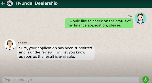 This is a picture of WhatsApp chat conversation between a car buyer and a Hyundai India sales representative. Car sales have been hit hard by lockdown, India recorded zero car sales last month. To kickstart sales, Hyundai India has launched the Click to Buy WhatsApp sales campaign. 
