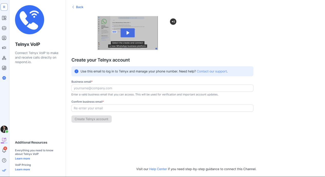 Entering SIP credentials as part of setting up Telnyx Voice Calling on respond.io.