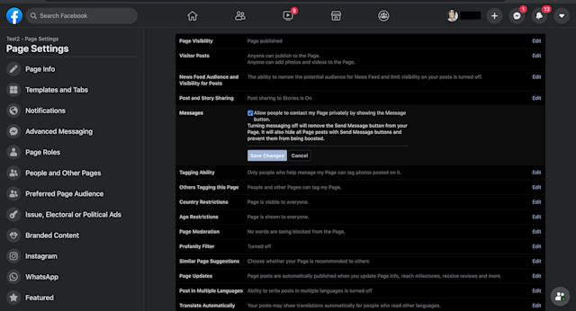 This image shows how to toggle messages on for your business page.
