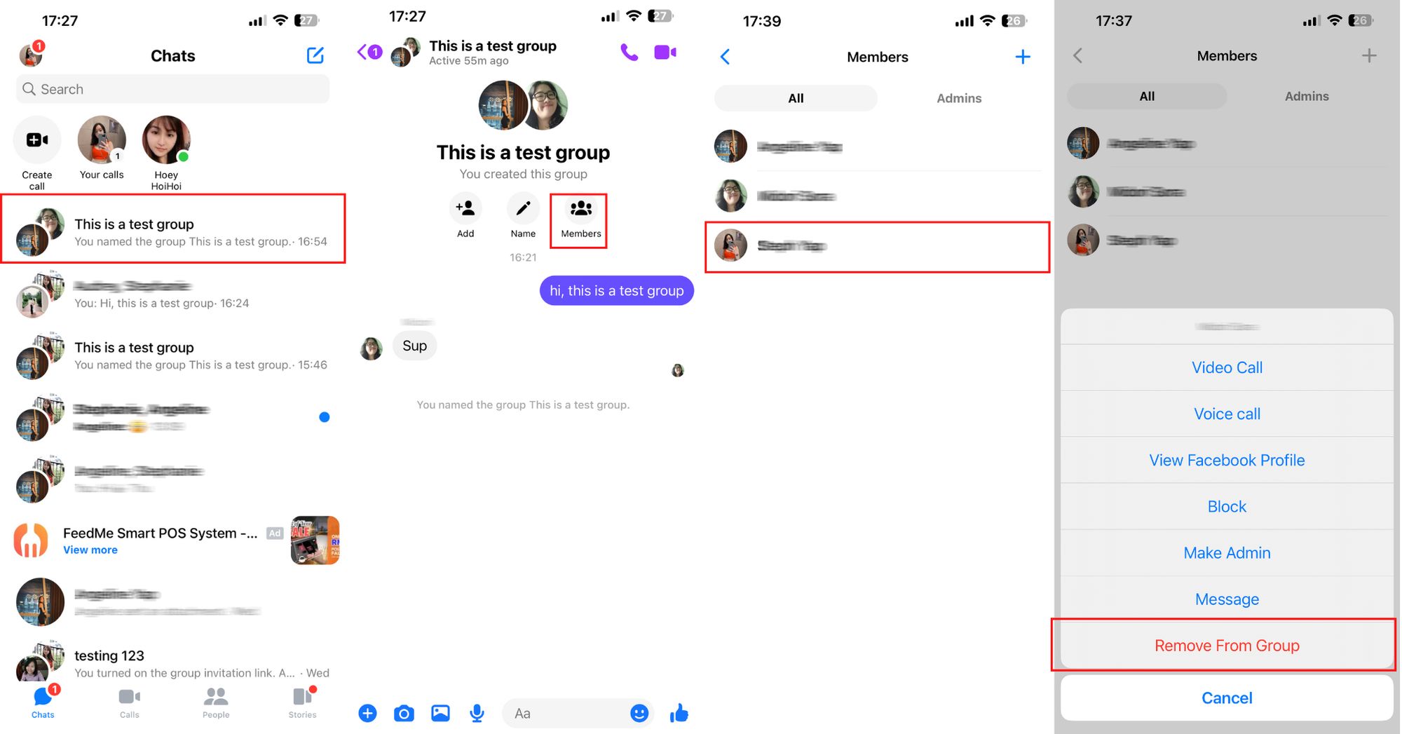 Questa è un'immagine che descrive come rimuovere qualcuno da una chat di gruppo su messenger. Aprire la conversazione di gruppo, quindi fare clic su membri, selezionare il membro che si desidera rimuovere e fare clic su Rimuovi dal gruppo