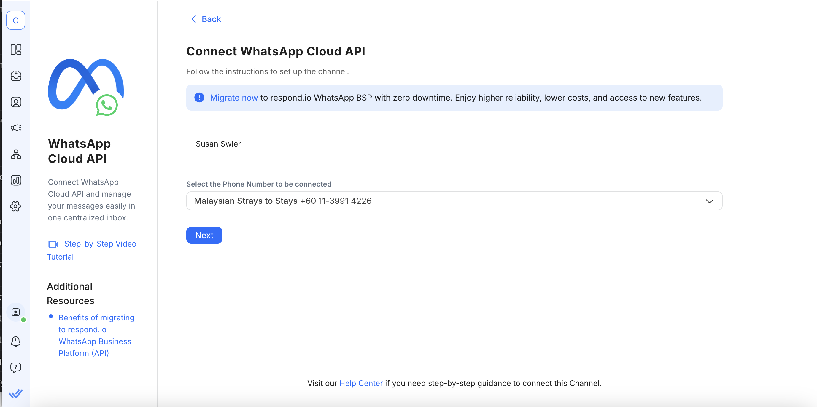 Select the phone number you want to connect to respond.io and click Next. The phone number shown in the drop-down menu are the phone numbers connected to the WhatsApp Cloud API account you’ve selected in step 2.