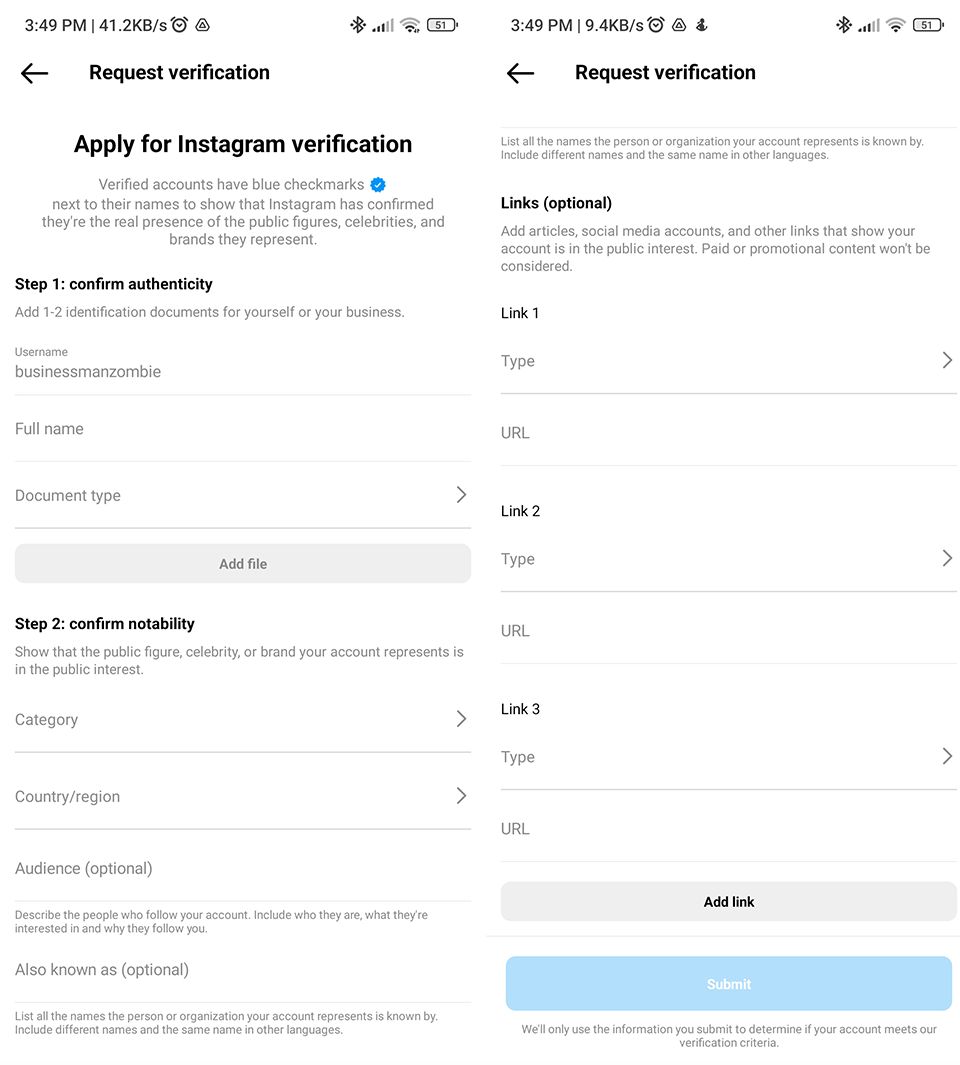 how to get a blue tick on Instagram: fill up the form and submit your documents