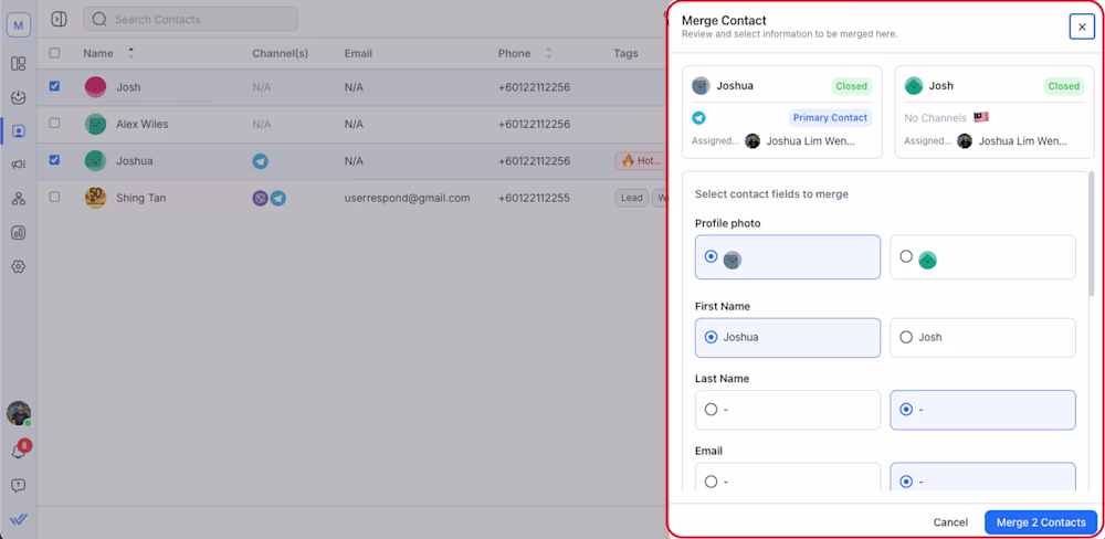A gif showing the merge duplicate contact feature on respond.io