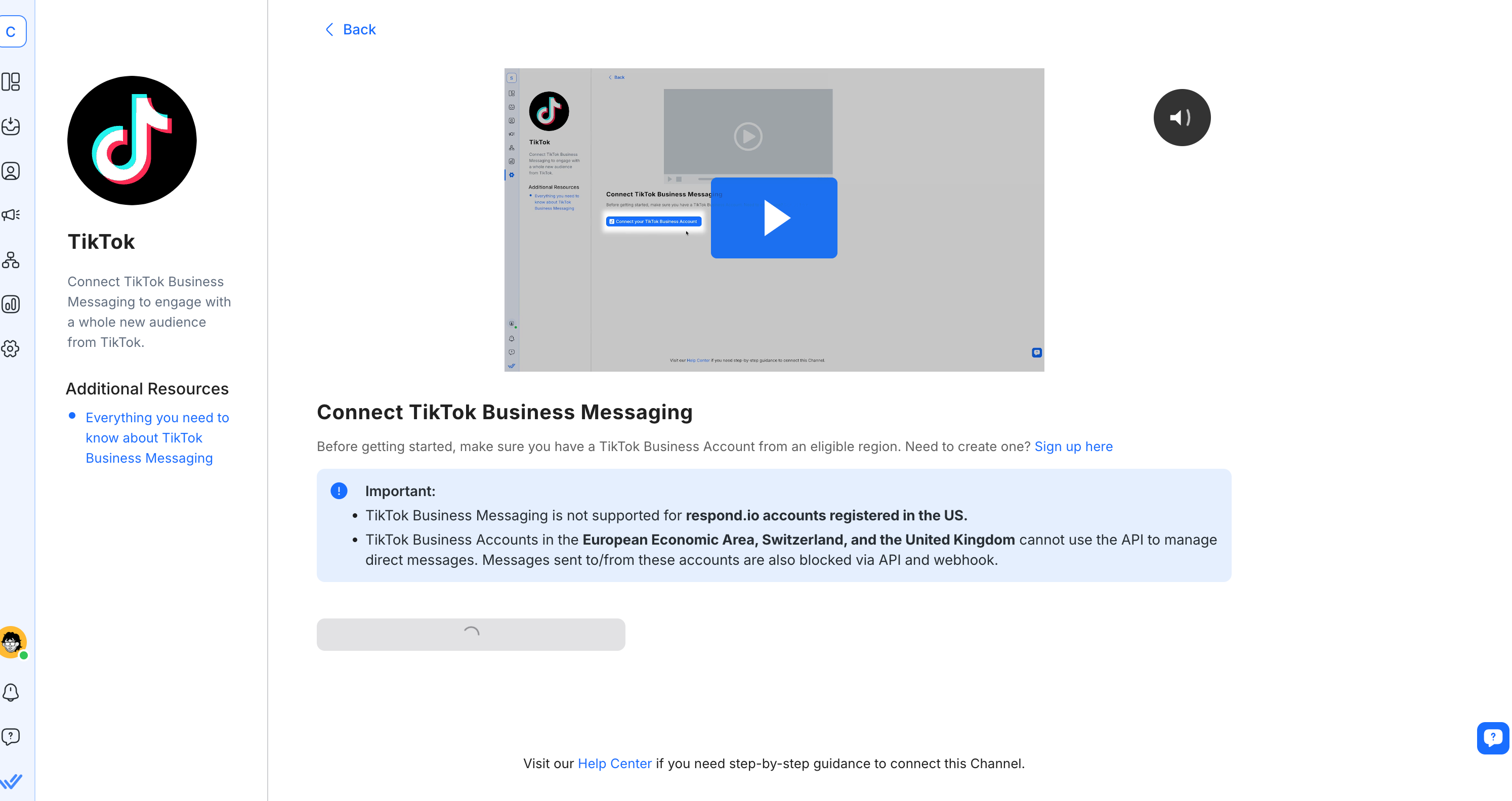 An image showing what happens when you click Connect your TikTok account in respond.io
