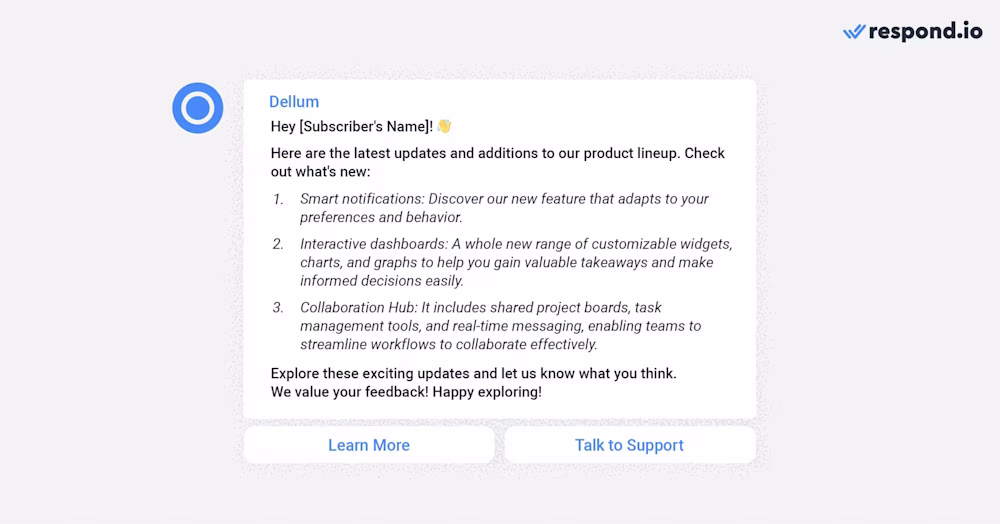 This image shows an example of newsletter WhatsApp. Keep your subscribers in the loop with important account updates. Share the latest features, changes, or any relevant information that affects their user experience. Personalize the message to make them feel valued and well-informed.