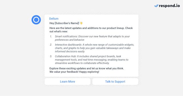 This image shows an example of newsletter WhatsApp. Keep your subscribers in the loop with important account updates. Share the latest features, changes, or any relevant information that affects their user experience. Personalize the message to make them feel valued and well-informed.