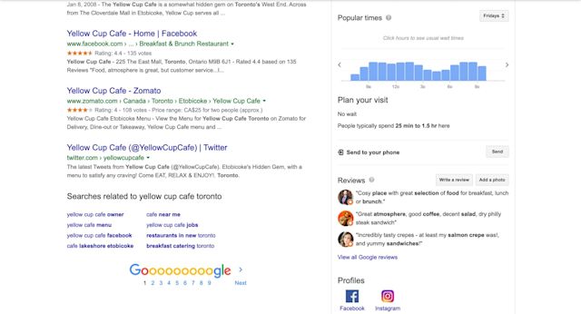Customers can see a graph showing Popular times, based on when people visit your location, indicating peak hours of business and leading you to the section Plan your visit, where people can see the average time customers spend at your business location. People also search for is a section that appears under Reviews and Profiles. It provides related suggestions for similar businesses. This offers a useful way to identify your main competitors on Google Search.