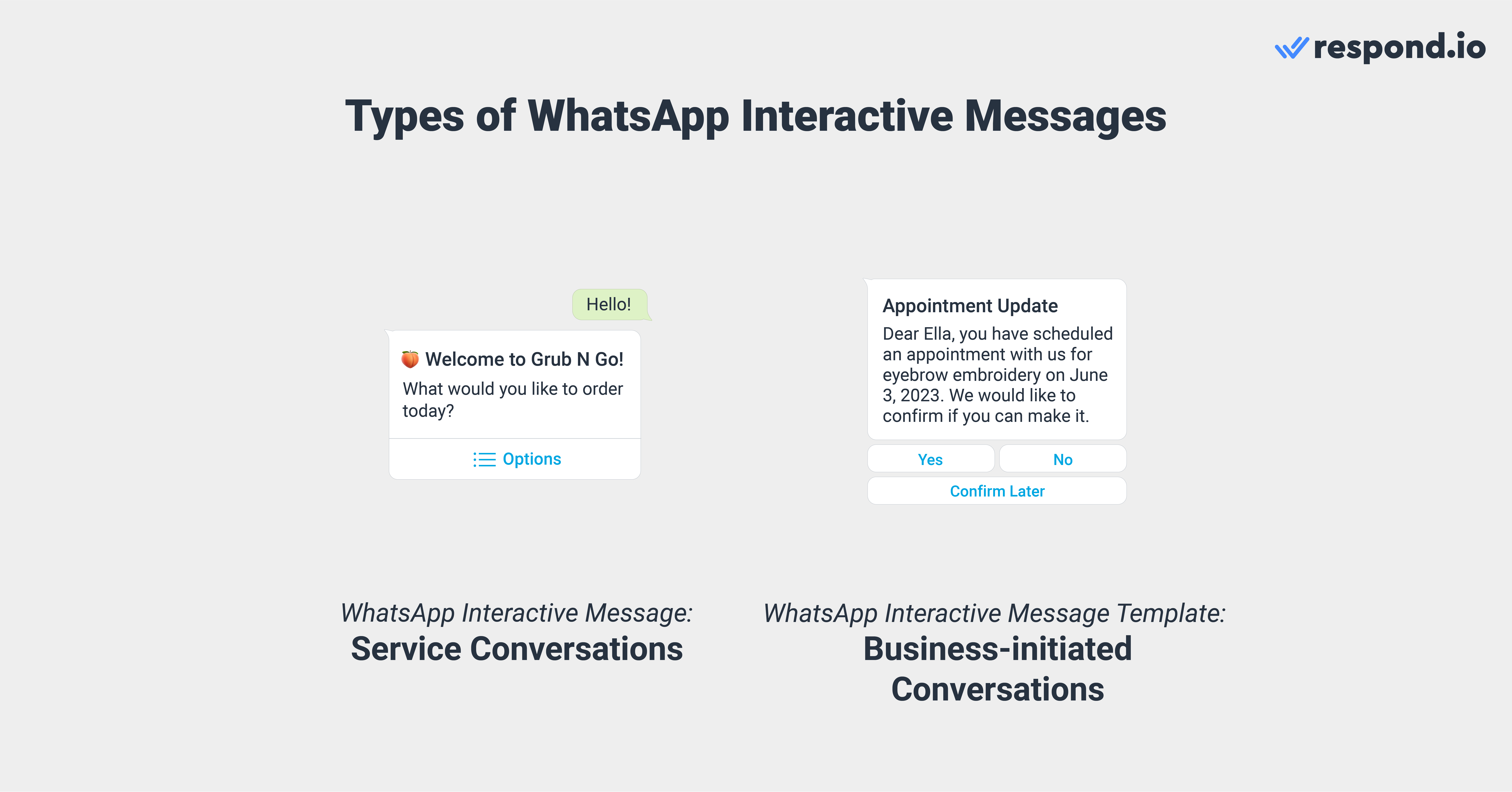 Imagen que muestra los dos tipos diferentes de mensajes interactivos de WhatsApp.