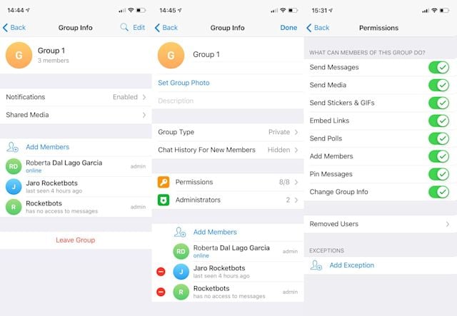 To change Telegram Groups member permissions navigate to Info > Edit > Permissions. To add or remove Telegram Group permission exceptions navigate to exceptions at the bottom of the permissions page. There you can choose individual members and change their permissions settings.