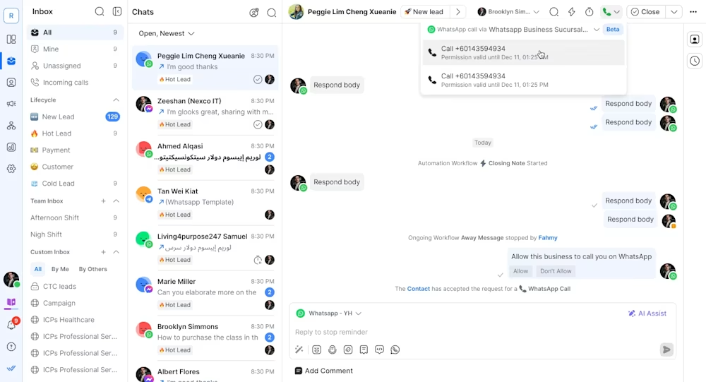 WhatsApp Business Calling API: initiating the call.
