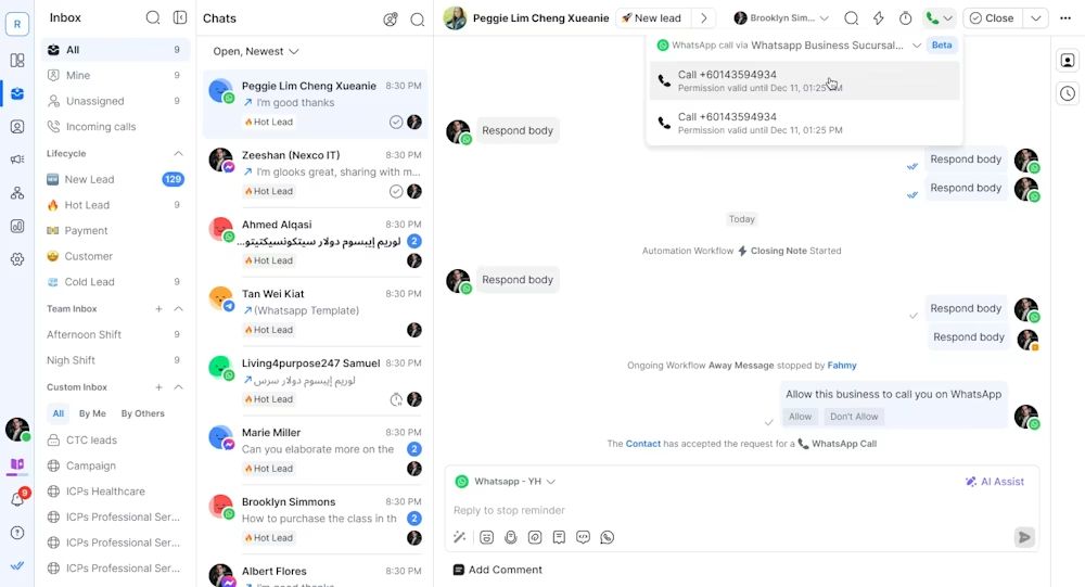 WhatsApp Business Calling API: initiating the call.