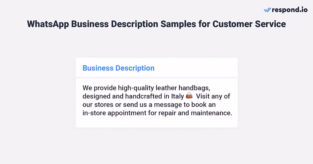 This is an image with a WhatsApp Business description for customer service