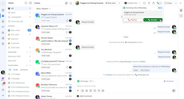 An image showcasing the WhatsApp Business Calling API within the respond.io platform. The interface highlights an active WhatsApp call, with call controls, contact details, and a seamless integration into the inbox. The design emphasizes ease of use, allowing businesses to switch between messaging and voice calls effortlessly—all within a single omnichannel workspace.