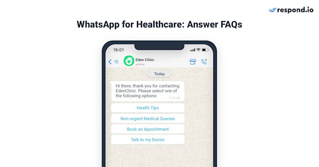 This image shows an agent using WhatsApp in healthcare. One of the benefits of using a WhatsApp FAQ menu is that it can provide patients with quick and easy access to information. Thus, patients can access the information they need without having to wait on hold or visit the provider's office.