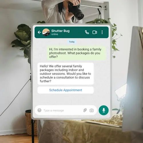 Image of a phone screen with a WhatsApp conversation booking an appointment