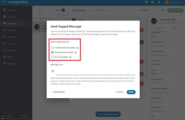 This is a picture showing how to use Message Tag on respond.io. The second step is to select an appropriate Message Tag based on the message content.
