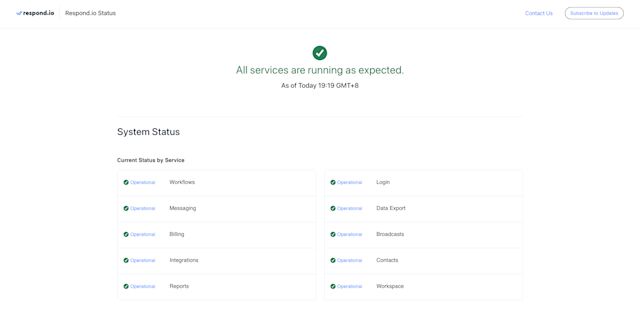 An image displaying respond.io’s status page, providing real-time updates on platform performance and system uptime. The page includes a clear overview of current operational status, past incidents, and scheduled maintenance, ensuring transparency for users. With detailed logs and timestamps, businesses can monitor platform stability and stay informed about any service disruptions or performance issues.