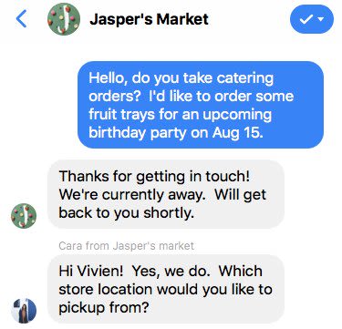 This is a picture showing how Facebook Personas work. Personas provide a way for Messenger bot to pass the customer to a human agent. Businesses can create a virtual persona with a new icon and name into the Messenger conversation to add a personal touch.