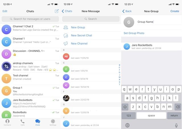Creating Telegram Groups is easy. In Chats, press the compose button just above search. Then instead of composing a new message, you create Telegram groups by pressing on new group.
