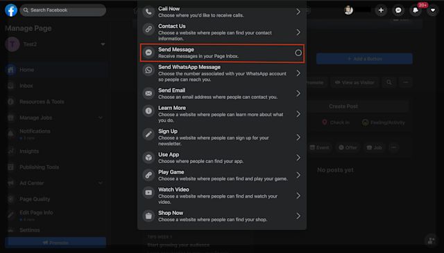 This is a screenshot showing how to add a send message button on your Facebook Page. Adding the Send Message button is simple, just go to Home and tap Add a Button. Facebook users can find your Facebook Page using the search bar and click on the Send Message button to start chatting in Messenger. 