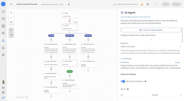 This image shows a respond.io Workflow designed to collect information from leads.