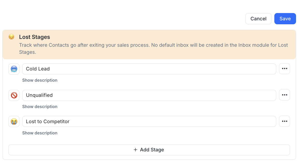 Screenshot showing how to set up Lost Stages in respond.io, a feature that enables businesses to track which leads dropped off and why