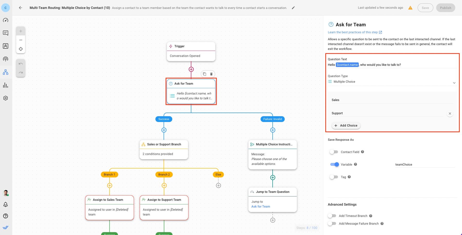 Questa immagine mostra il primo passo per costruire un flusso di lavoro di routing di chat di priorità con respond.io: Fai una domanda.