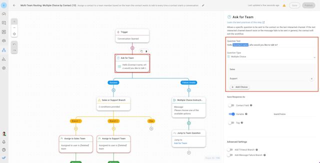 This image shows the first step to build a priority chat routing workflow with respond.io: Ask a question.