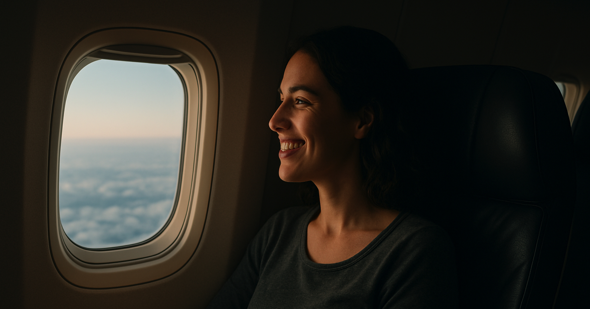A woman smiling by an airplane window