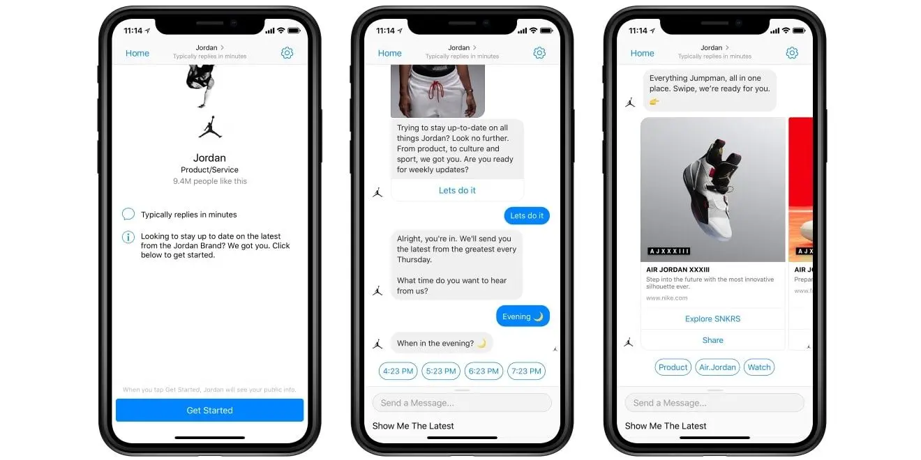 Hình ảnh gồm 3 phần cho thấy tương tác của bot trên Chiến dịch tiếp thị Facebook Messenger của Air Jordan