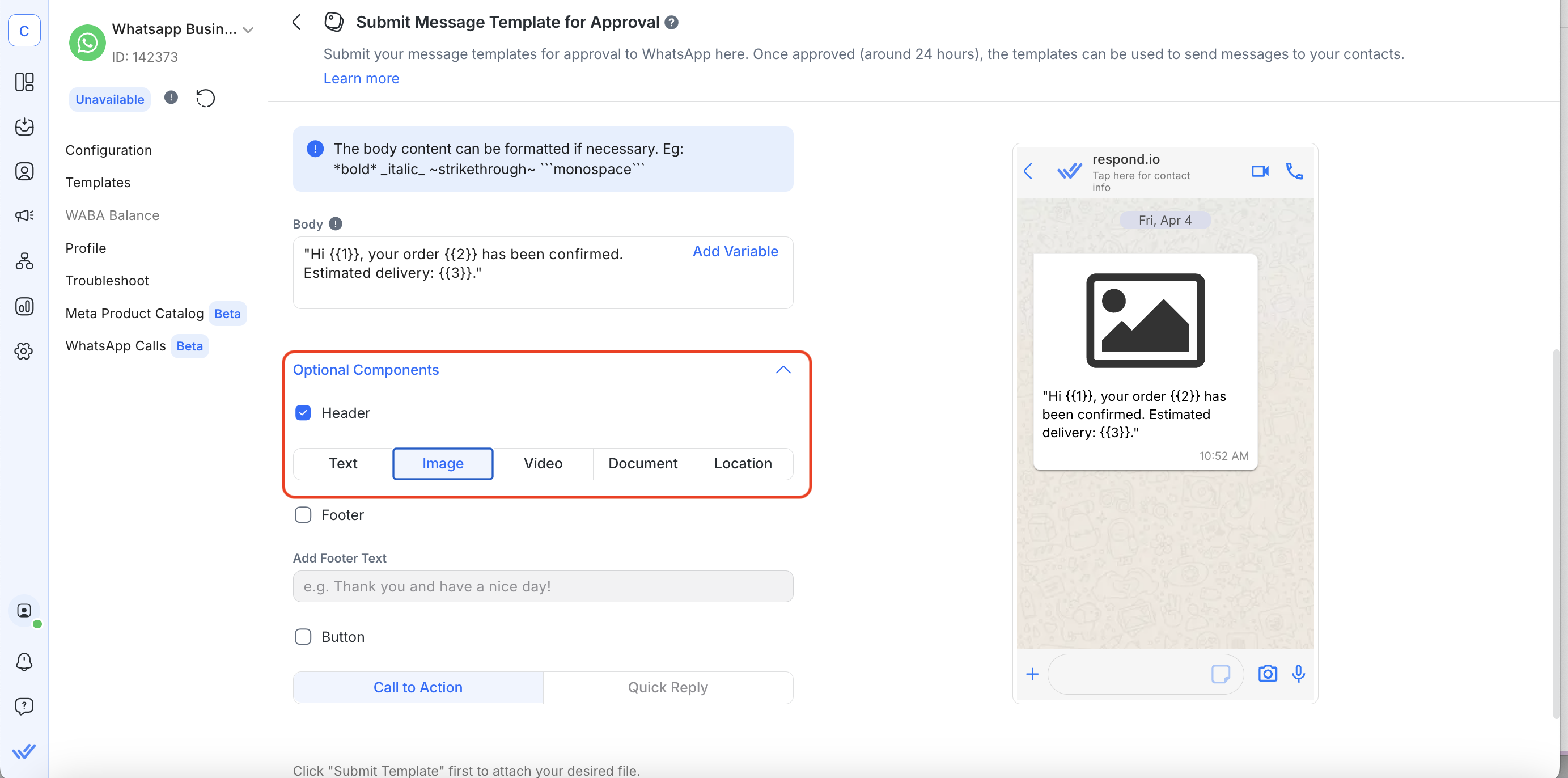 This image shows how to submit Message WhatsApp Templates with respond.io. Include a header and a text footer.