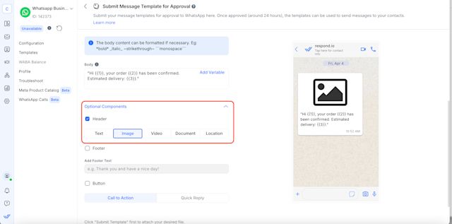 This image shows how to submit Message WhatsApp Templates with respond.io. Include a header and a text footer.