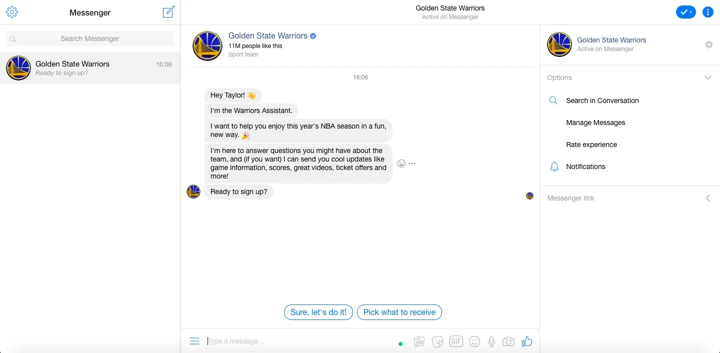 Ảnh chụp màn hình điện thoại về Bắt đầu với Chiến dịch Facebook Messenger của Golden State Warriors