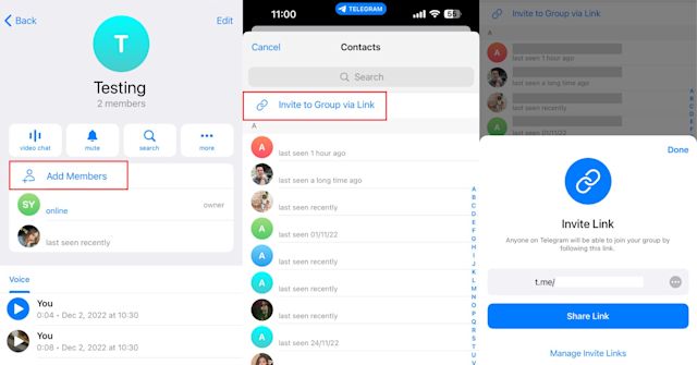 This is an image that describes how to generate a t.me invite link for your telegram group. In group info, click add members, then click invite to group via link. telegram will generate a t.me link where you can share it with the people that you want to invite. 