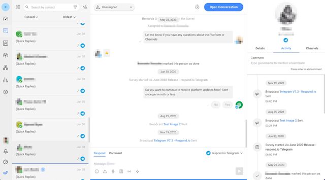 This image shows respond.io's omnichannel messaging inbox, which you can use to send a Viber push notification to a Contact. 