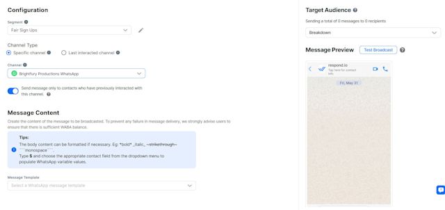 A screenshot of the broadcast message configuration and preview before sending it