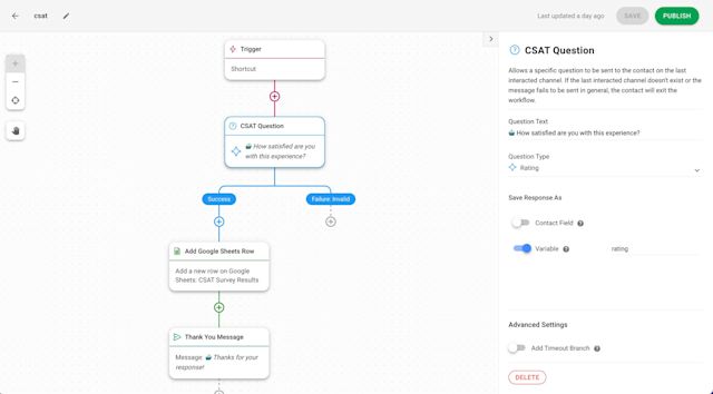 This image shows a CSAT survey built with respond.io to ask for feedback after a customer support LINE conversation