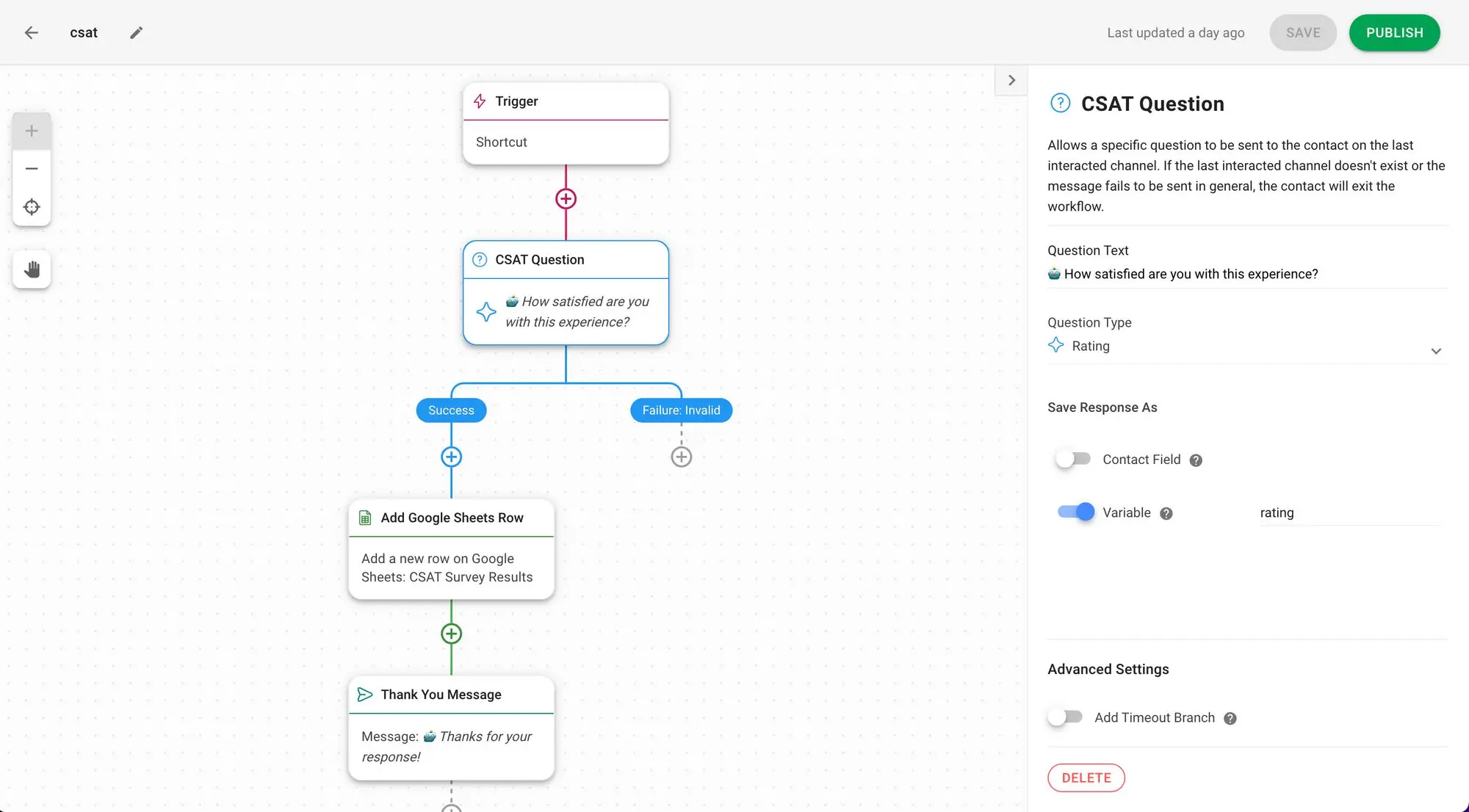 تظهر هذه الصورة استقصاء CSAT تم بناؤه مع respon.io لطلب ردود الفعل بعد محادثة دعم العملاء LINE