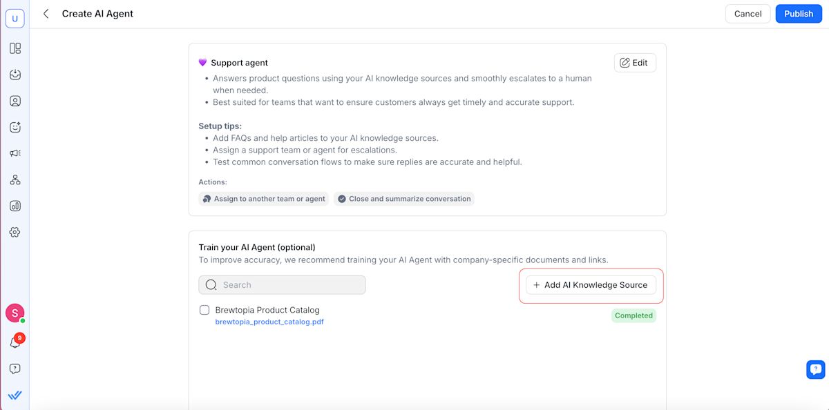 screenshot showing how to set an AI agent for support in a WhatsApp team inbox