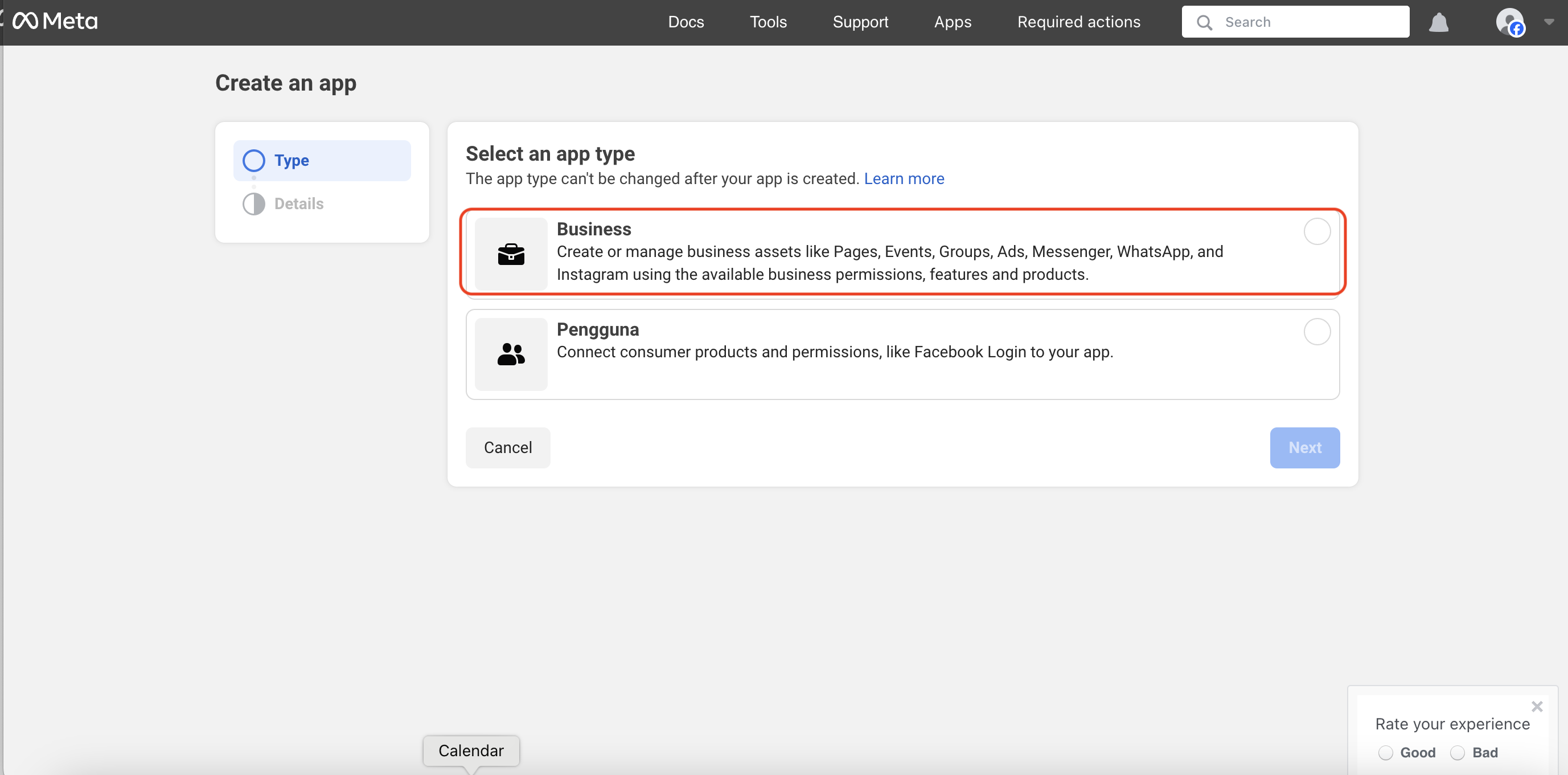 how to use whatsapp cloud api: Select Business as your app type.