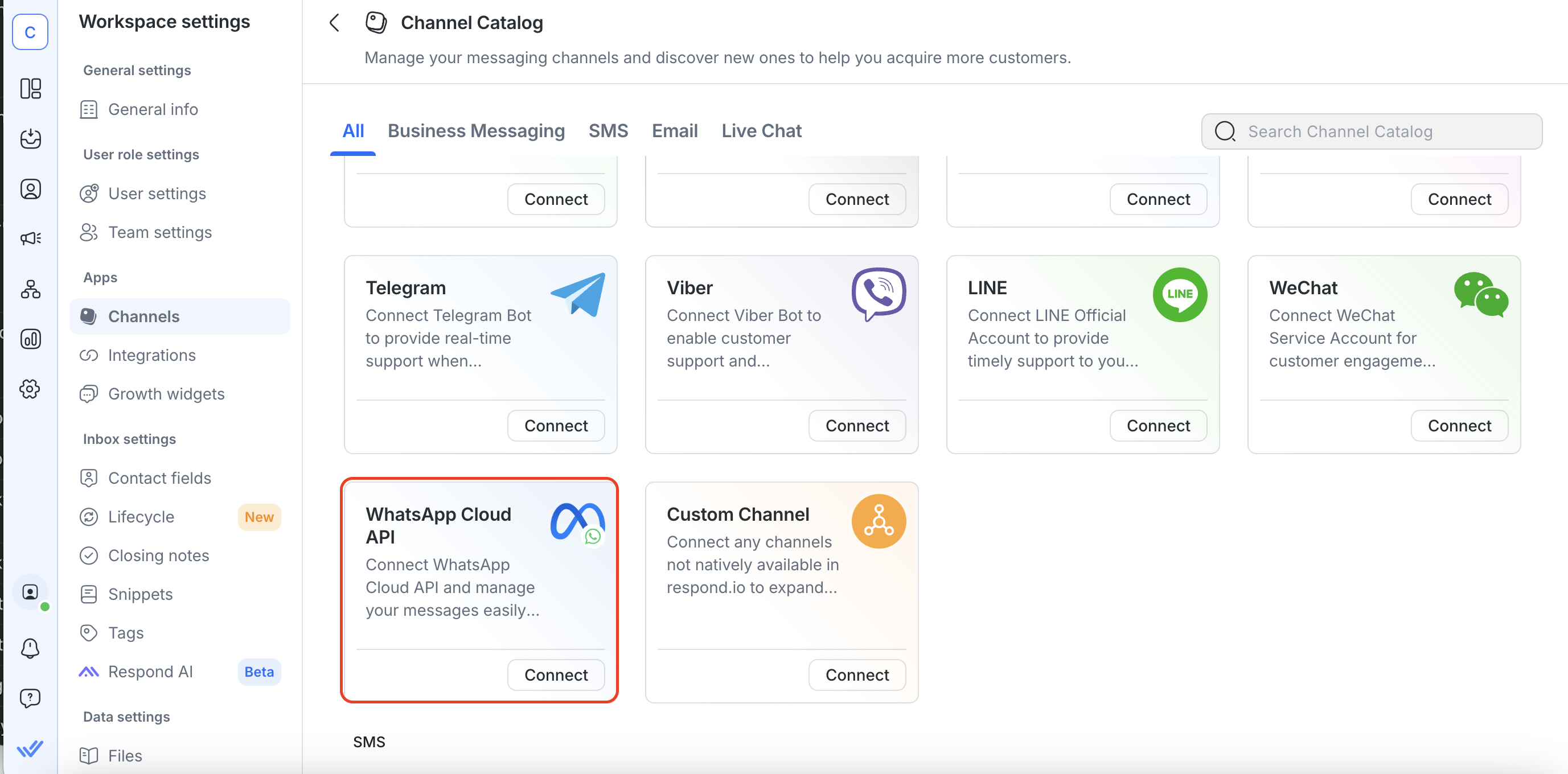 Click on the Settings module, choose channels and click on ADD CHANNEL. Then, click on the WhatsApp icon.