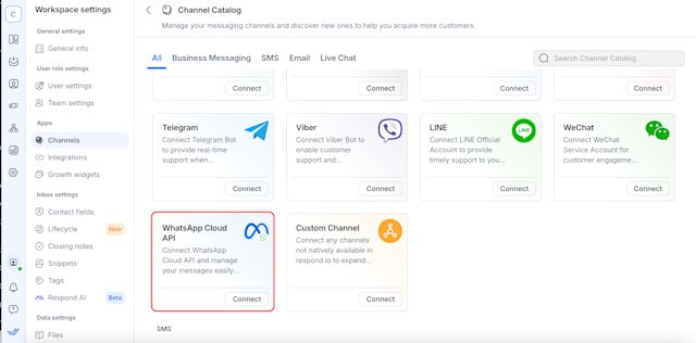 Click on the Settings module, choose channels and click on ADD CHANNEL. Then, click on the WhatsApp icon.