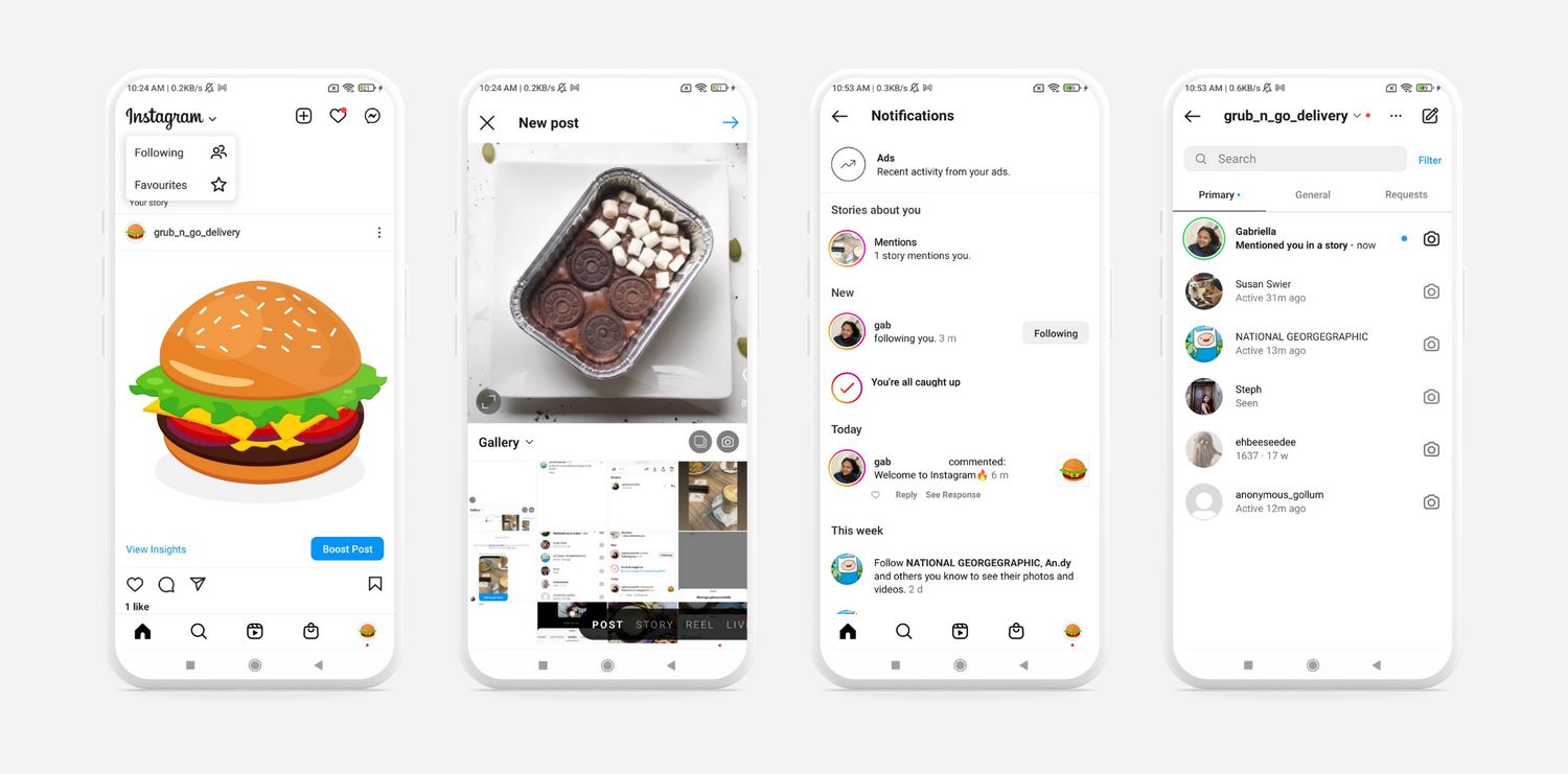 Interfaccia dell'app Instagram con cinque schede nella parte inferiore: Home, Cerca, Reels, Negozio e Profilo. La scheda Home mostra i post degli account seguiti, con la possibilità di visualizzare post sponsorizzati e notifiche o di inviare messaggi agli utenti Instagram.