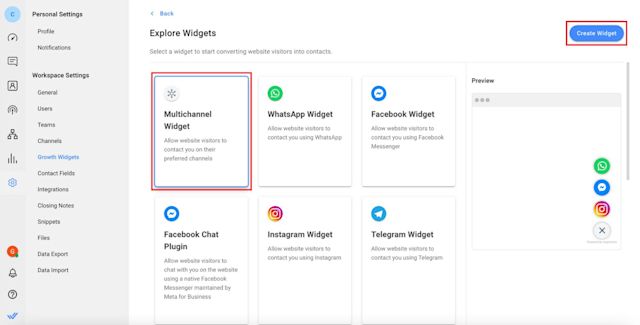 Click on Multichannel Widget, then click Create Widget. 
