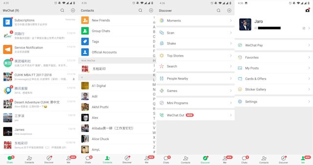 This is a picture of the 4 main panels of wechatChats and Contacts are what you would expect, containing your conversations and friends on WeChat. Interestingly, the Contacts panel has rather advanced organizational features including folders and tags. Discover holds all the random WeChat features that don’t fit into any other panel. Last but not least, the Me panel is where users have access to personal items like settings, stickers and their profile. The Me panel also holds WeChat Pay.