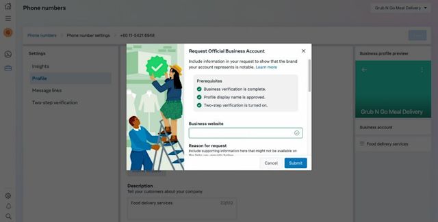 This image shows the fourth step to get the WhatsApp Blue Tick: Provide supporting information