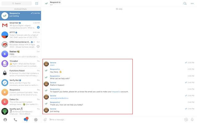 Chat with the Telegram Bot by clicking start.