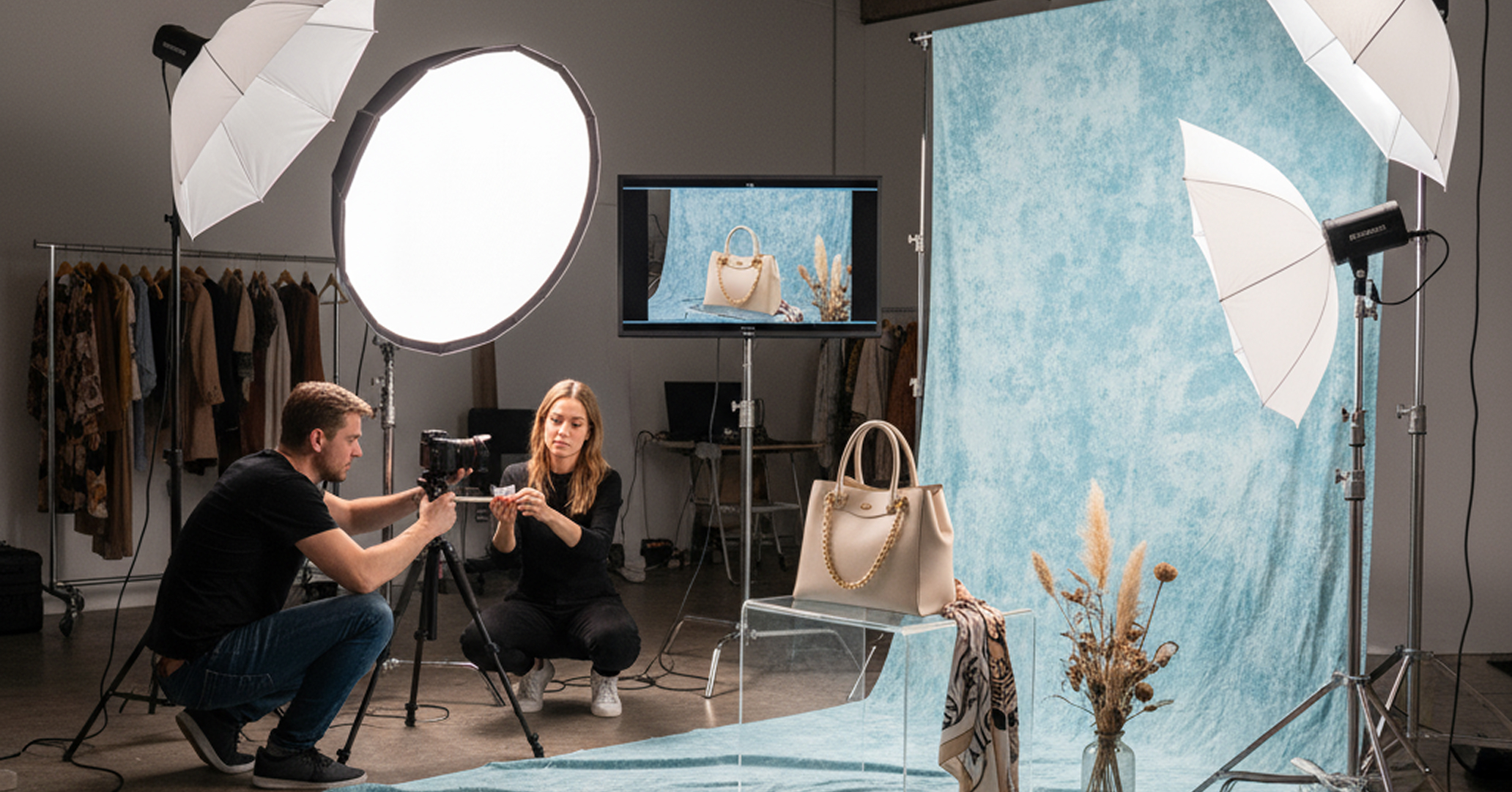 Immagine di fotografi che si preparano per uno photoshoot di prodotto che JU Productions promuove tramite l'API WhatsApp e l'automazione alimentata da respond.io