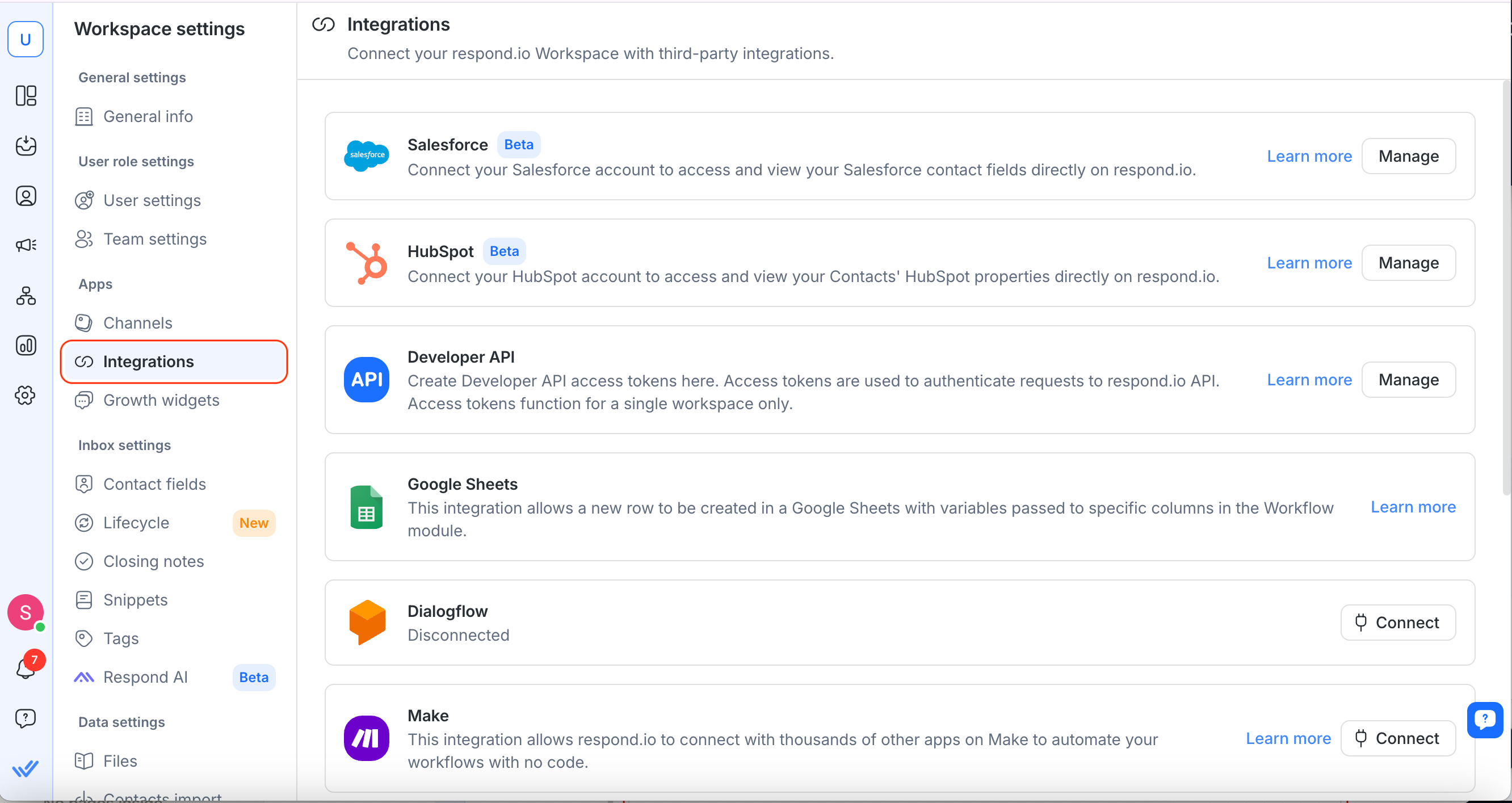 Una captura de pantalla de la página de Integraciones en respond.io